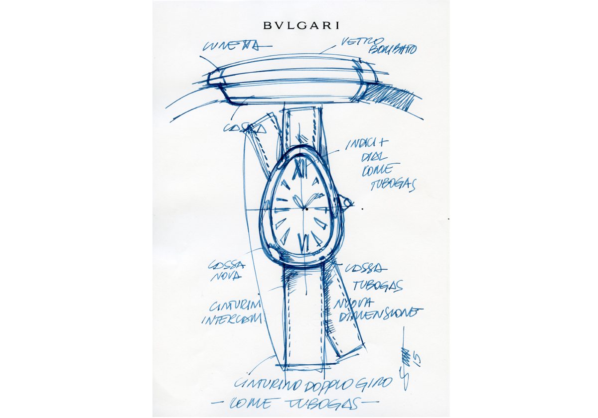 رسم يظهر تصميم ساعة Serpenti الجديد من بولغاري