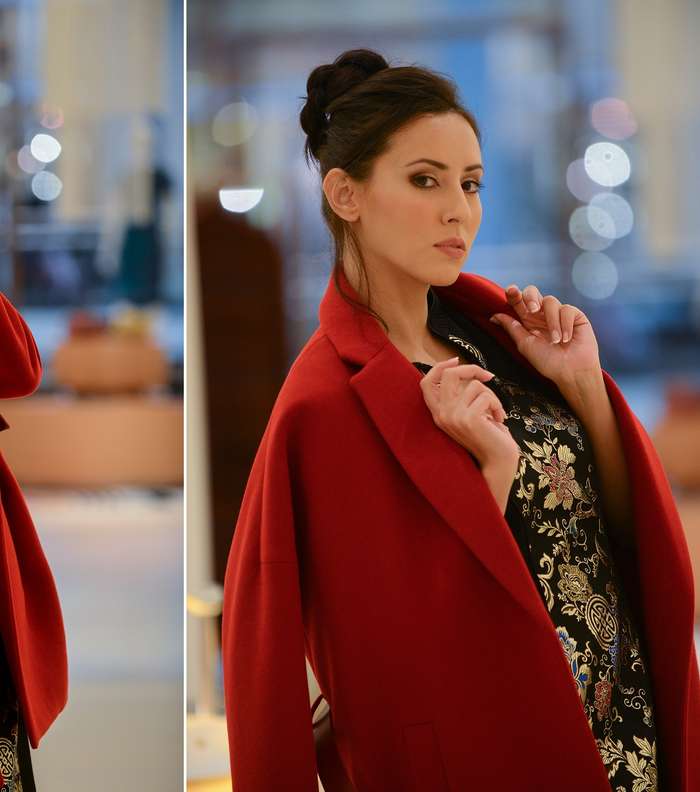 فستان بموضة الباروك من جايسن وو ومعطف أحمر من Boutique1