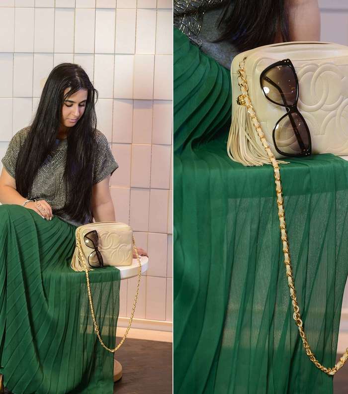 حقيبة من شانيل ونظارات شمسيّة ماركة Linda Farrow وتنورة ماركة بول آند جو من Boutique 1