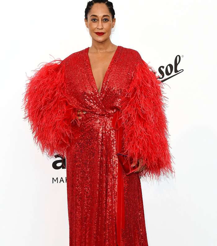 تريسي اليس روس بفستان من الترتر مع اكمام من الريش من جيني بيكهام في حفل عشاء Amfar في كان 2017