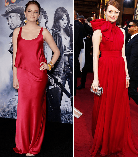 إيما ستون ارتدت في 2009 فستاناً أحمر من ألبيرتا فيريتي وفي 2012 فستاناً مشابهاً من فالي