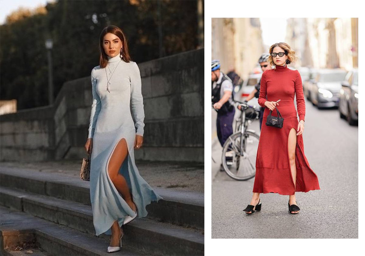 من صيحات شتاء 2019 الفستان الصوفي مع الشق على الساق