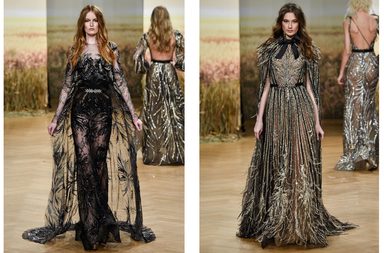 فستان الدانتيل المطرز بقصة المشلح او الفستان المزين بالشك والريش