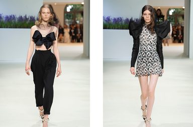 السروال مع التوب القصيرة على شكل العقدة او الفستان القصير مع اكمام منفوخة