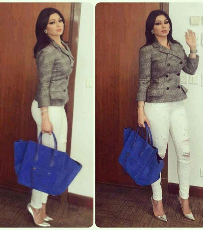 هيفاء وهبي تعتمد موضة الجينز الابيض مع سترة التويد والحذاء الميتاليكي في مسلسل مريم