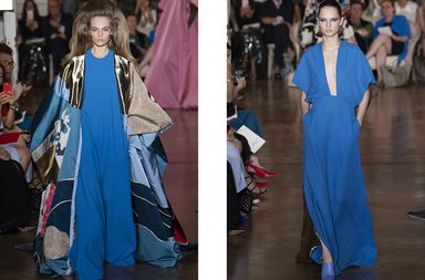 السترة المطبعة باسلوب الكيمونو والفستان المنسدل بالقصة المنخفضة على الصدر