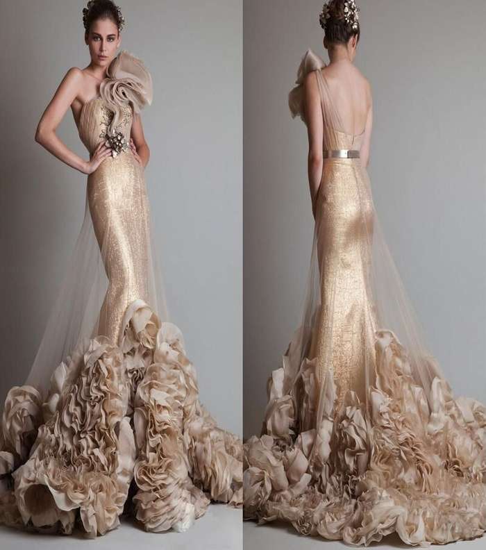 صور اجمل فستان عروس ذهبي وسكري