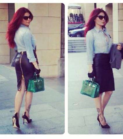 من صيحات هيفاء وهبي، التنورة بالقصّة المستقيمة المنسقة مع القميص الكلاسيكي