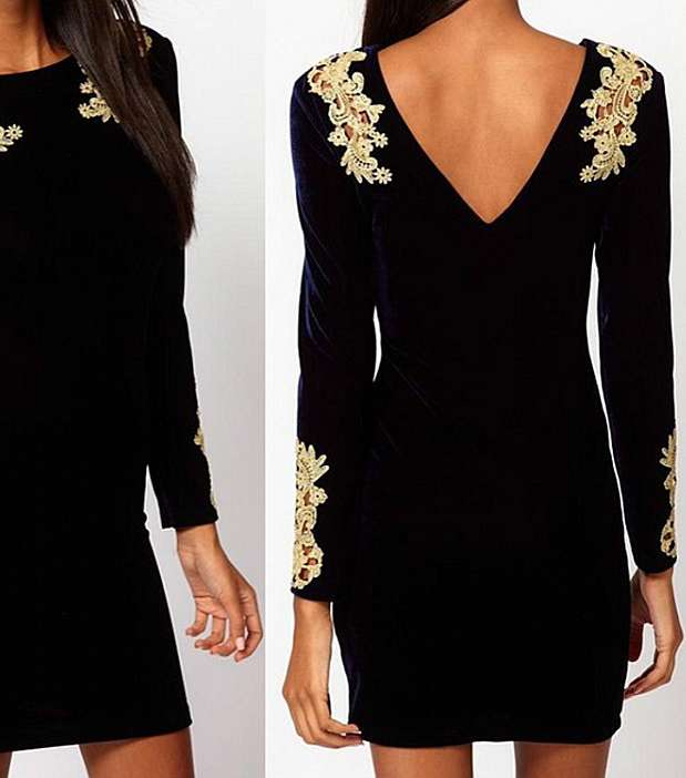 فستان مخمل مزين بالدانتيل عند الأكتاف