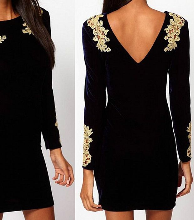 فستان مخمل مزين بالدانتيل عند الأكتاف