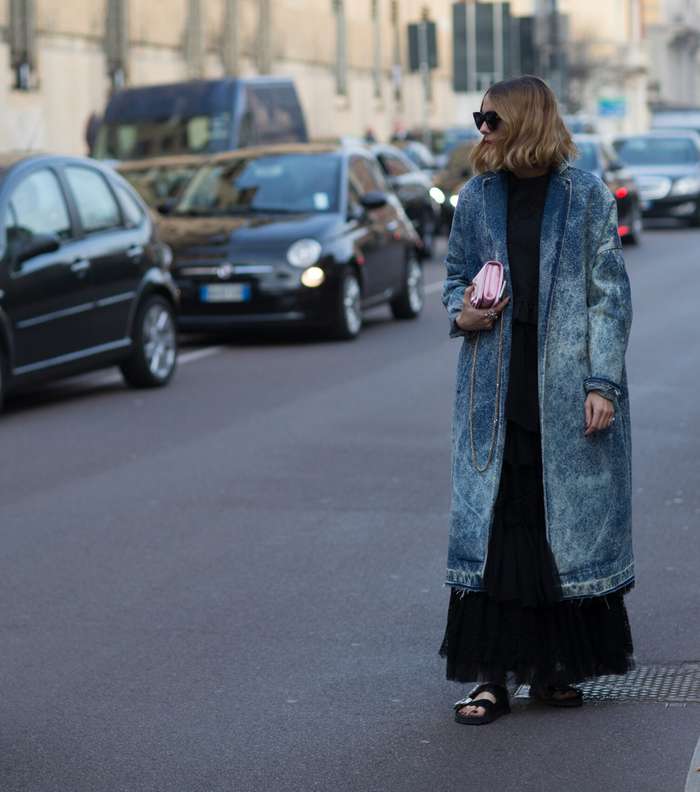 جاكيت الدنيم الطويلة من شوارع ميلانو في اسبوع الموضة لشتاء 2018