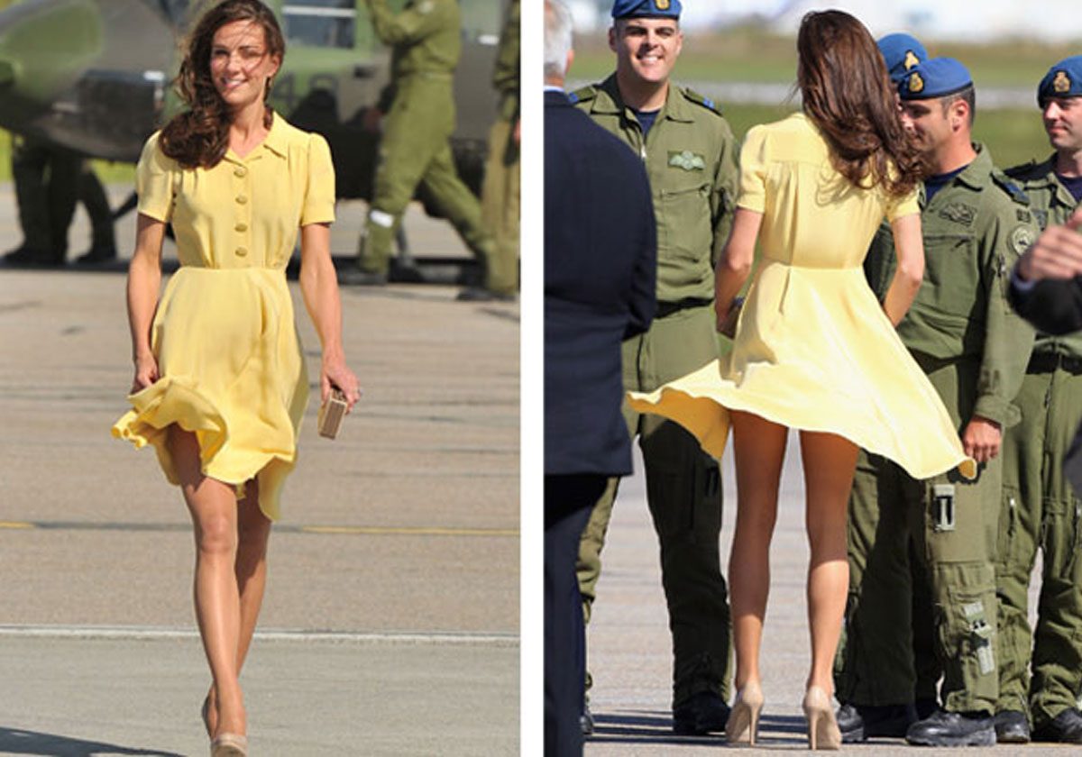 الهواء والفساتين الواسعة تحرج كيت على درج الطائرة: 4 صور تكشف المحظور في جسمها!