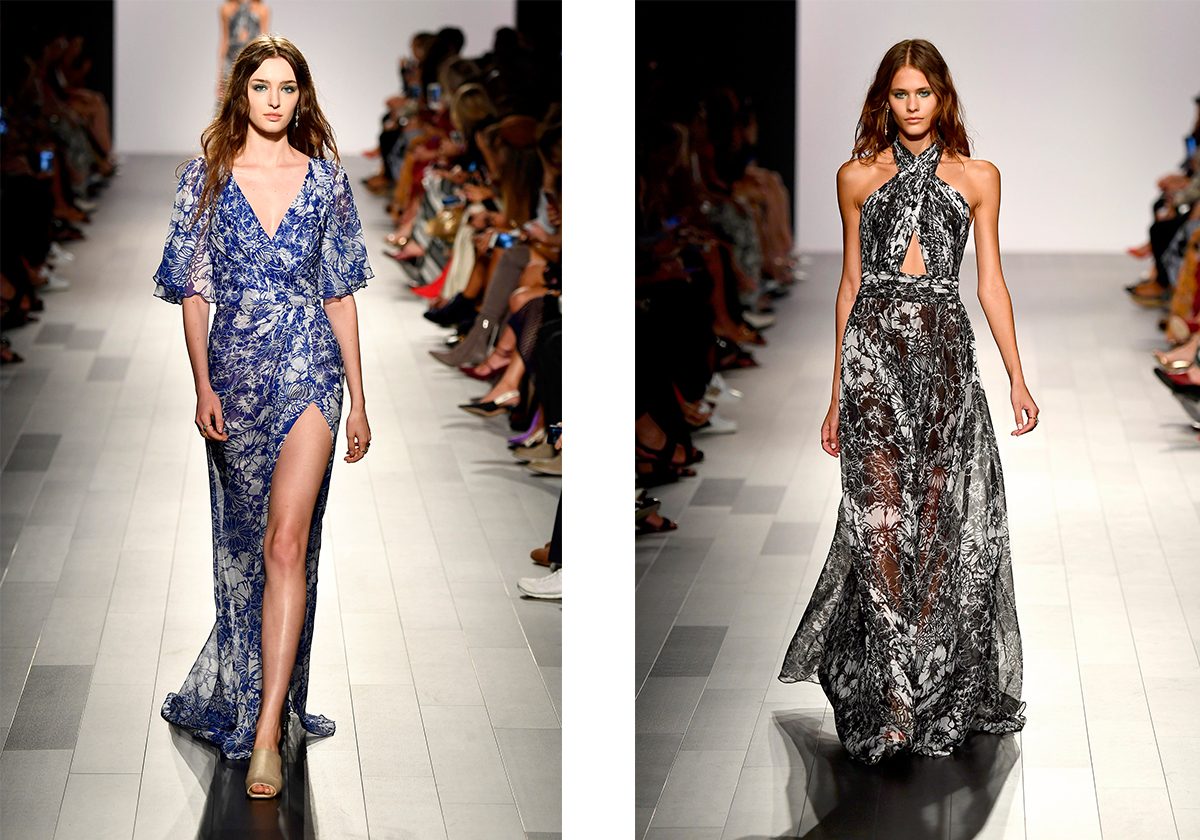 الفساتين المطبعة المنسدلة بقصات الـ Cut out والشق على الساق من Tadashi shoji