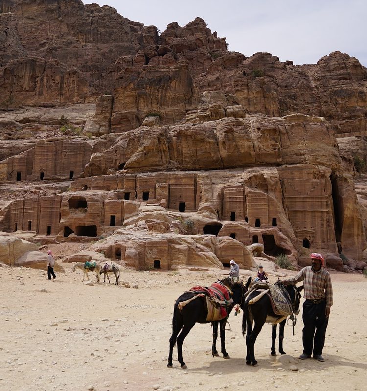 مدينة محفورة في الحجر الرملي الملون في صخور جبال وادي موسى الوردي