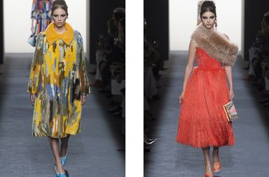 معطف الفرو الملون والمطبع او بوليرو الفرو فوق فستان التول