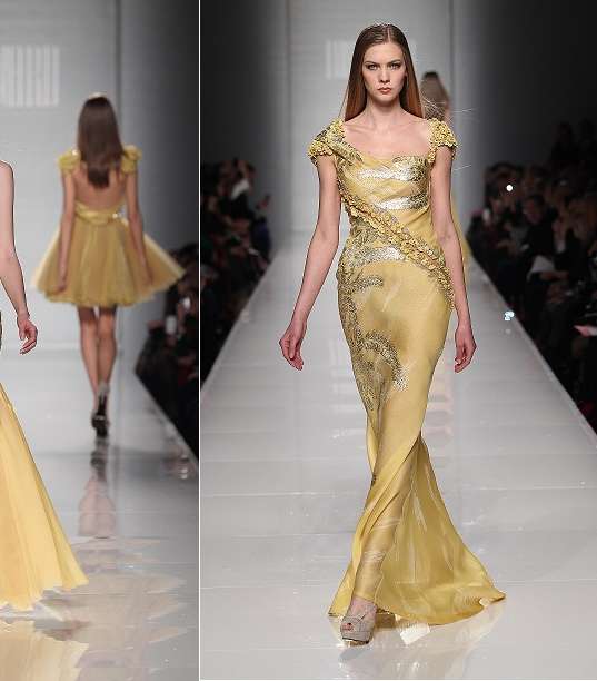 أجمل الفساتين الطويلة باللون الأصفر من مجموعة طوني ورد لصيف 2012