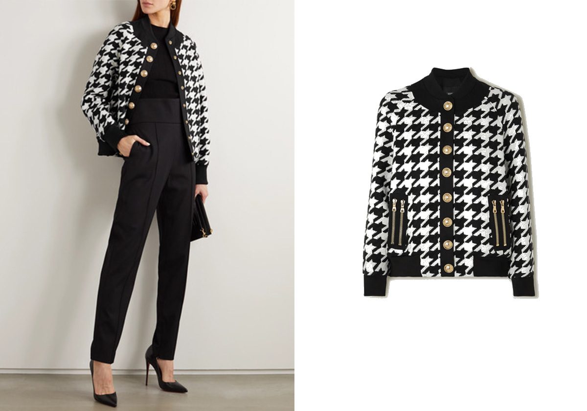 Button-embellished houndstooth wool-blend bomber jacket من BALMAIN