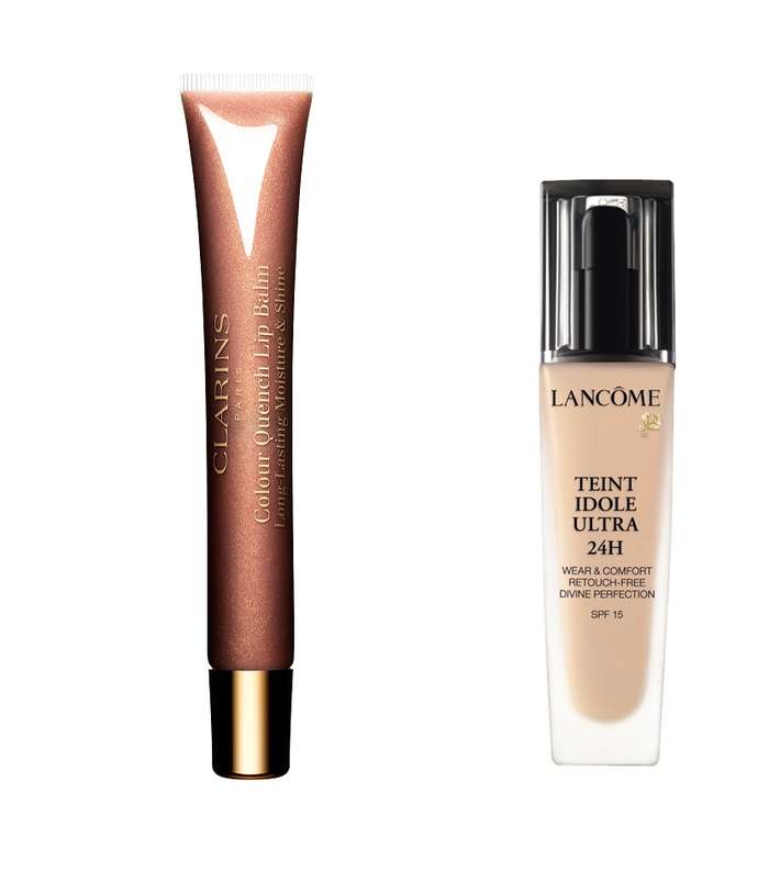كريم الأساس Teint Idole Ultra 24 h من Lancôme وأحمر الشفاه اللمّاع Clarins Colour Quench Lip Balm nude Delhi