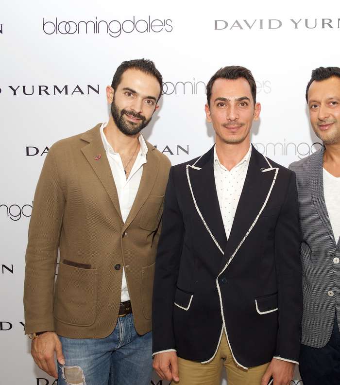 ايمن فاكوسا، المصمم رامي العلي و Dipesh Depala في حفل اطلاق علامة ديفيد يورمان في بلومينغديلز دبي