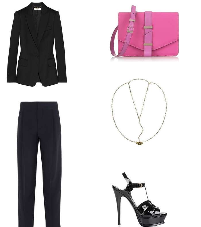 نسّقي الحقيبة بألوان النيون مع البذلة الرسمية باللون الأسود