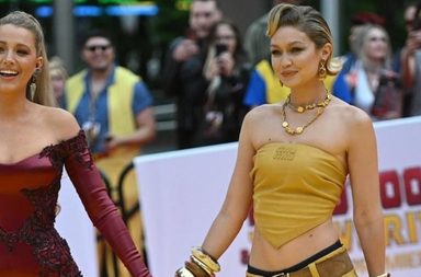 سر إطلالة جيجي حديد وبلايك ليفلي بالأحمر والأصفر Deadpool and Wolverine